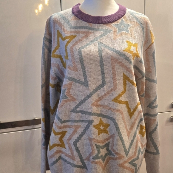 NWT Splendid Ziggy Star Oversized Crewneck Sweater White Blue Yellow Size Small - Picture 3 of 13